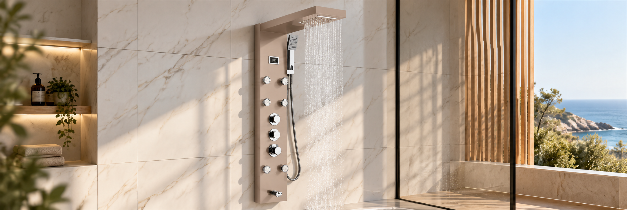 BathSelect brushed nickel LED shower systems with illuminated rainfall shower heads