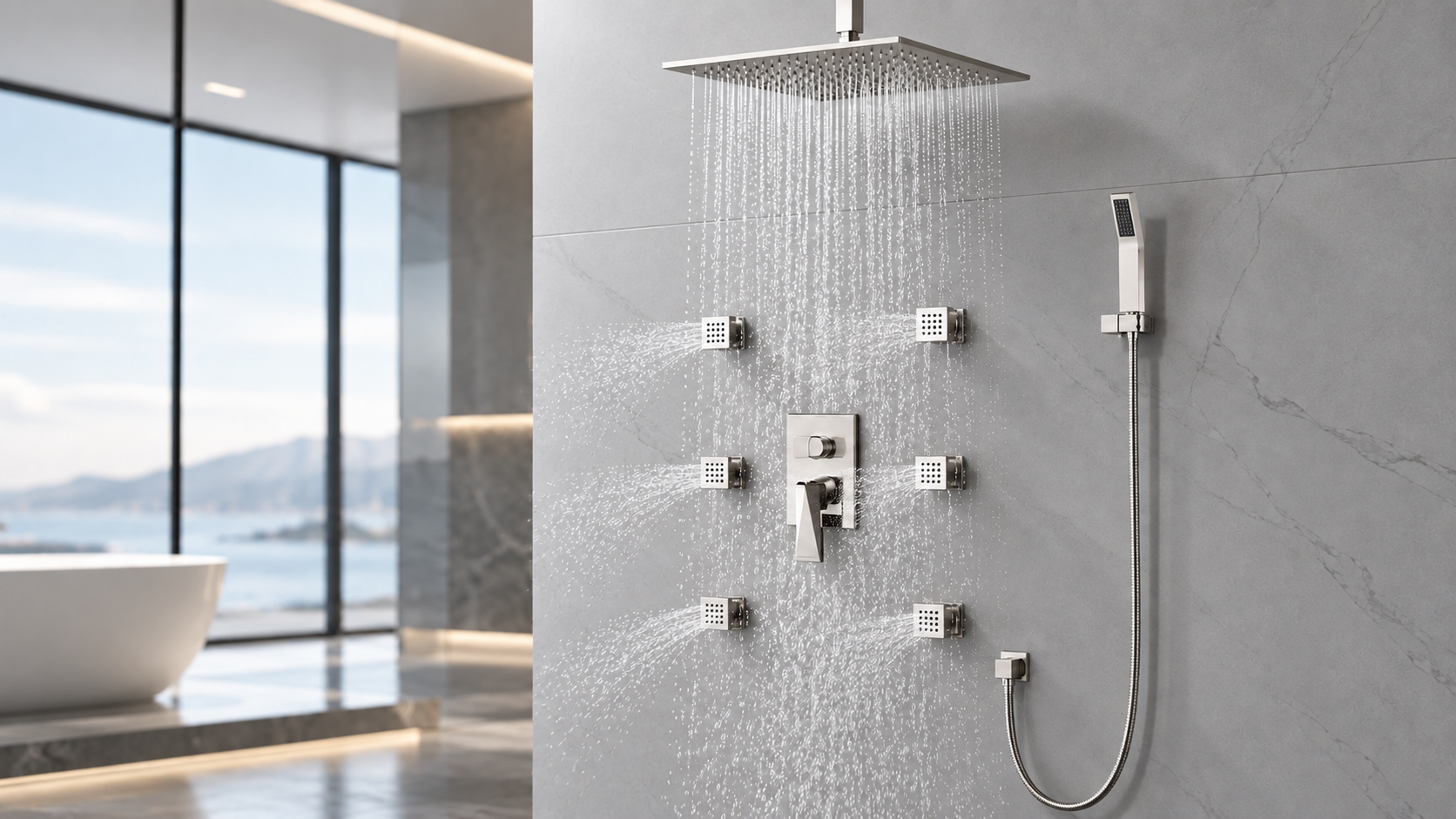 BRAVAT brushed nickel thermostatic rainfall shower system with six spa massage body jets and handheld shower