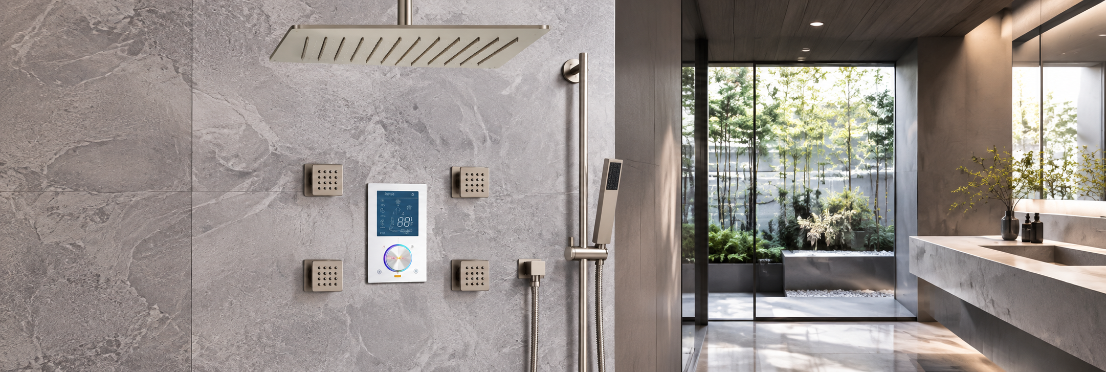 BathSelect Ivora satin nickel round rainfall shower with three lever smart valve