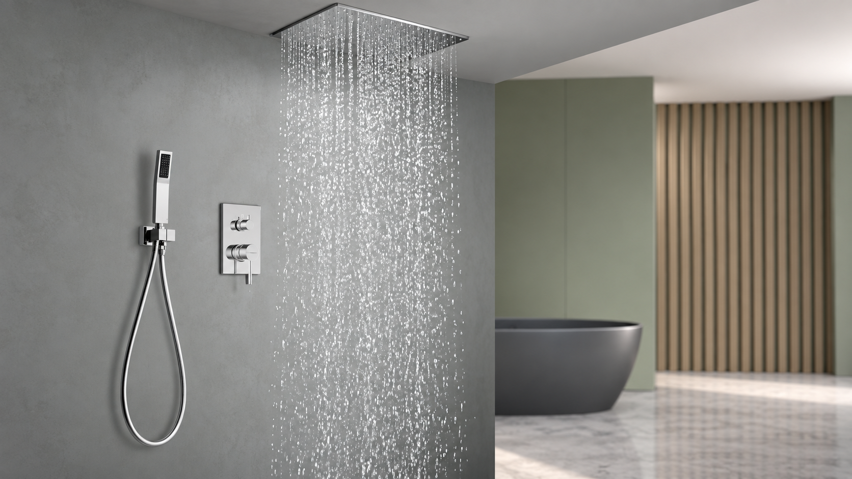 BRAVAT brushed nickel ceiling rainfall shower system with handheld shower for luxury residential bathrooms