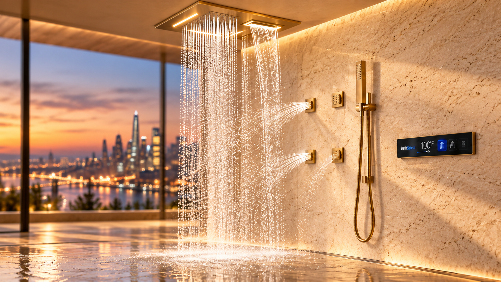 Stainless steel wall-mounted rainfall and waterfall showerhead in a travertine-tiled bathroom