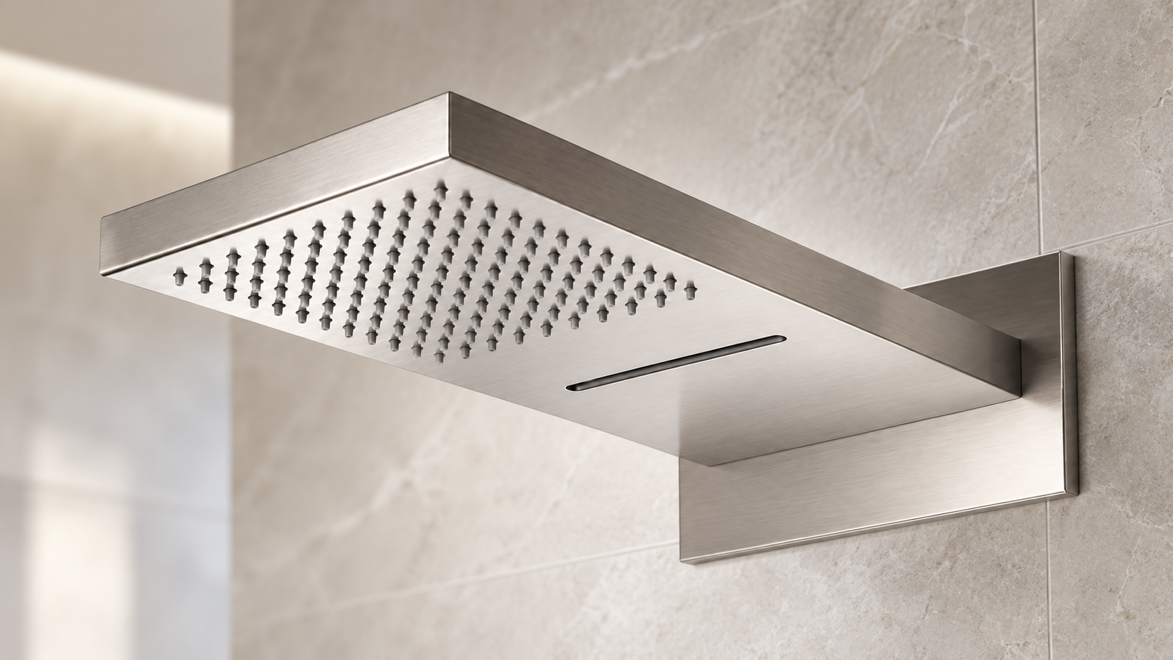 Brushed nickel waterfall shower heads for hospitality hotel and resort bathrooms
