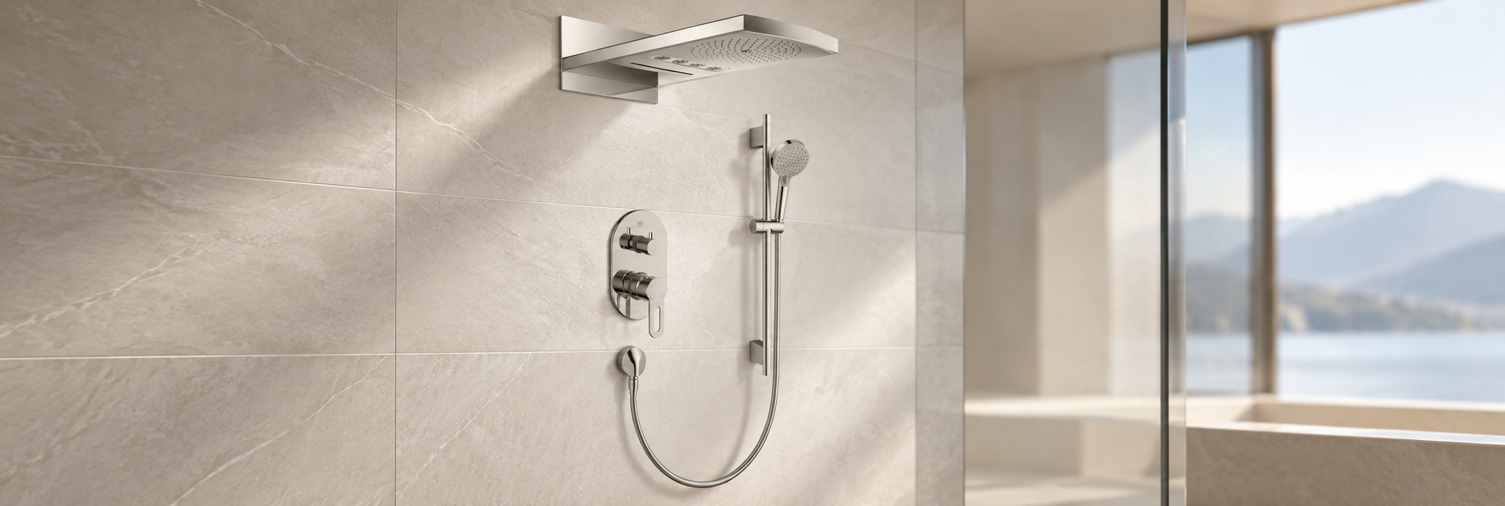 BRAVAT multifunction brushed nickel rainfall shower system with handheld shower