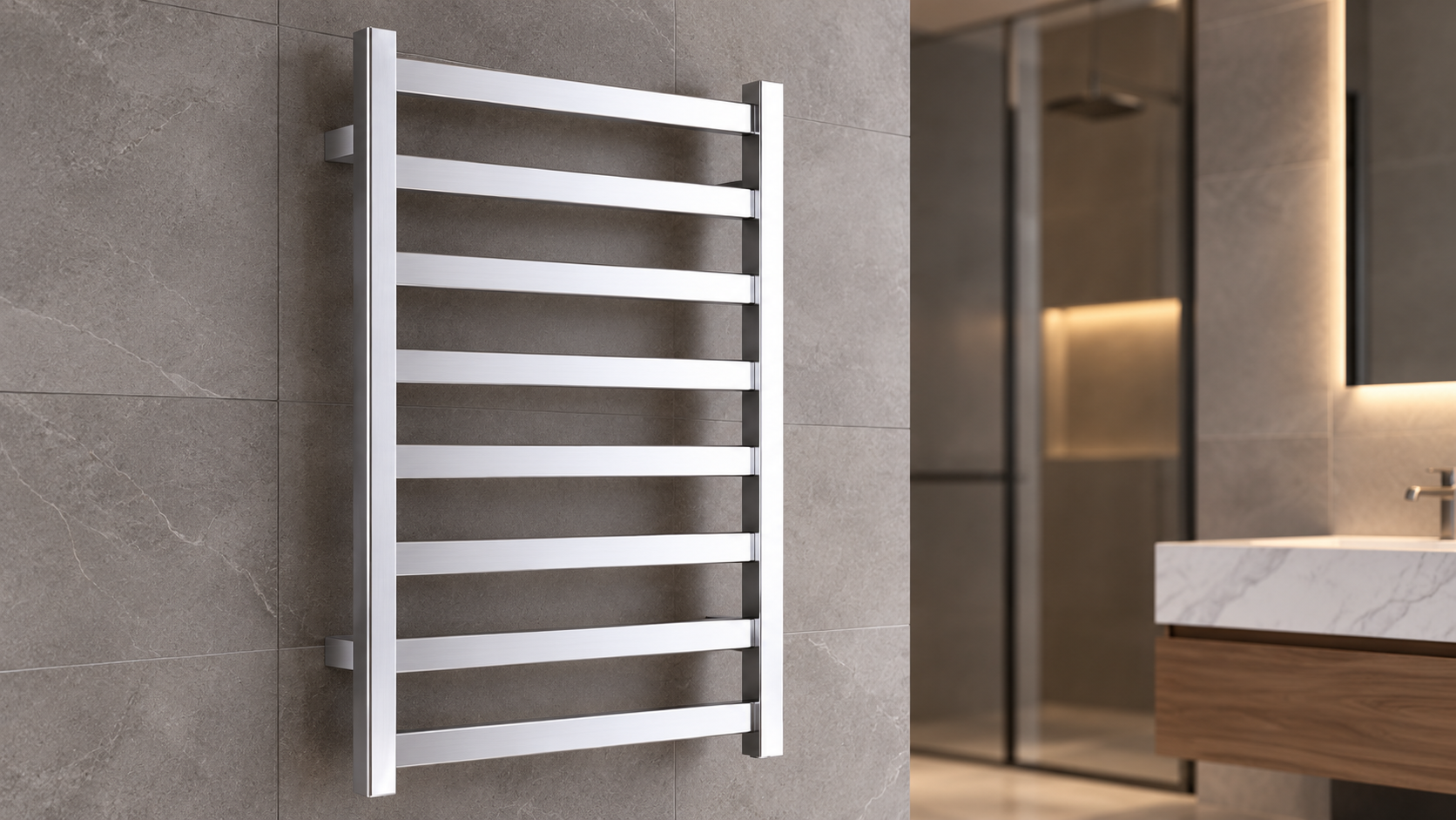 Chrome eight-bar stainless steel wall-mount electric towel warmer with concealed wiring for multifamily apartments