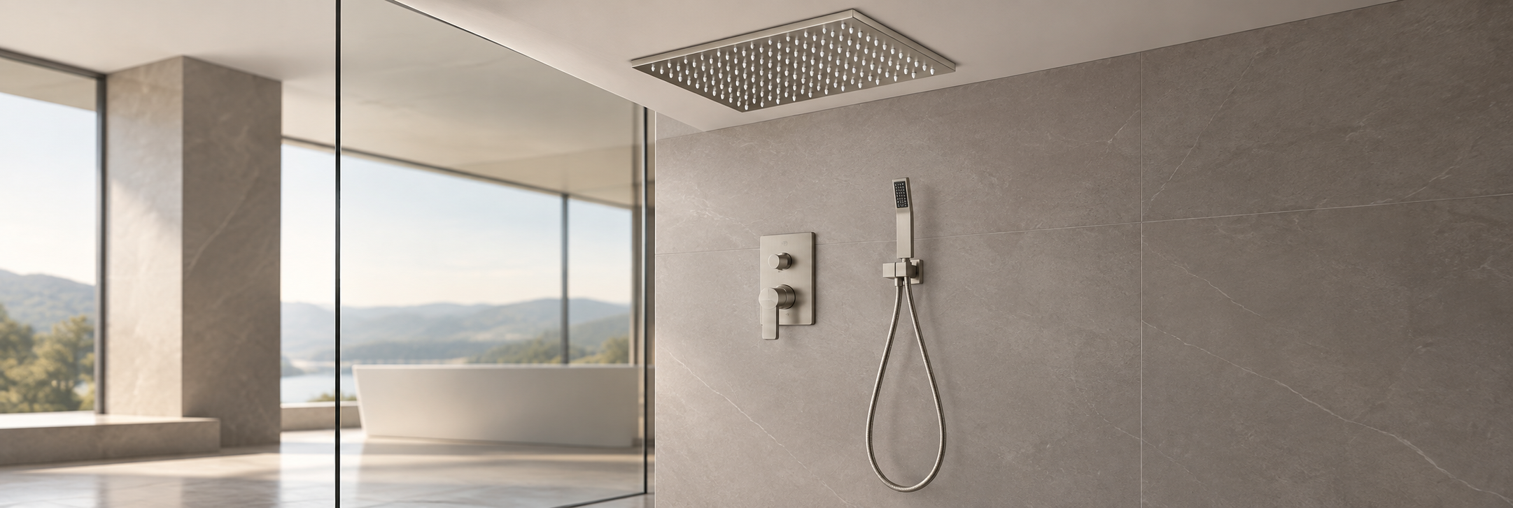 BRAVAT brushed nickel thermostatic ceiling rainfall shower system for digital and smart shower applications