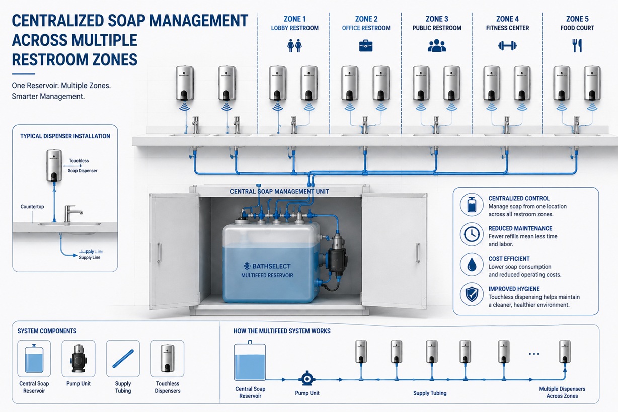 Engineering diagram showing centralized soap management across multiple restroom zones