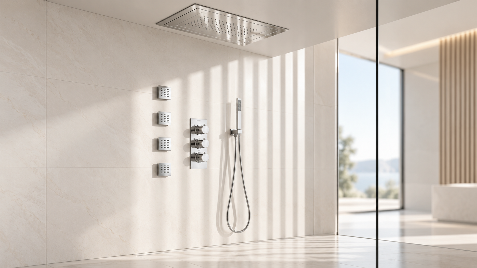 BathSelect multifunction ceiling rainfall shower system with body jets and handheld sprayer for commercial projects