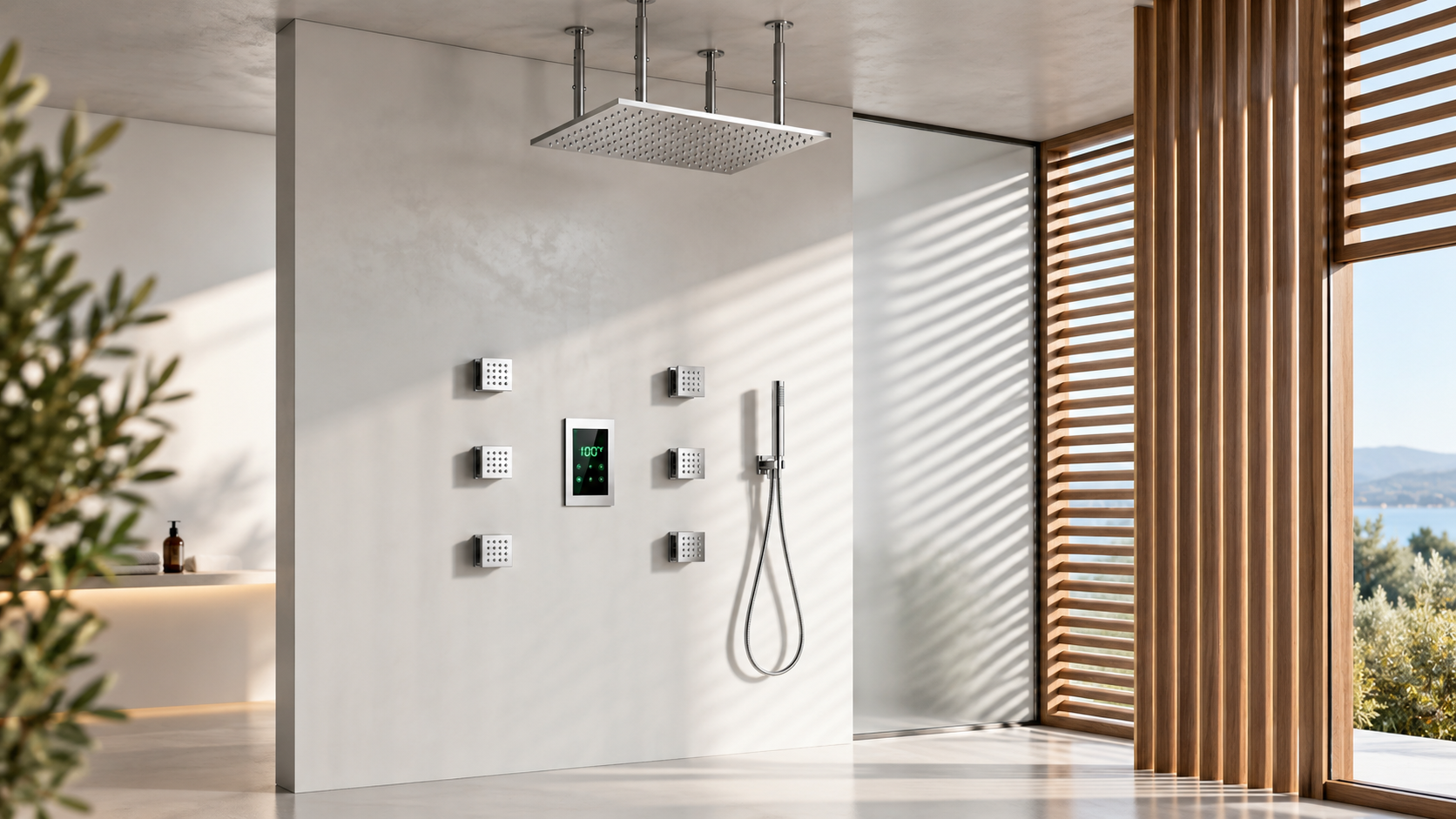 Multicolor LED luxury shower system for custom homes primary suites and spa bathrooms