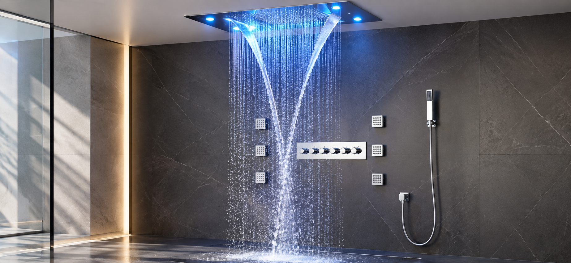 BathSelect chrome rainfall and waterfall shower systems