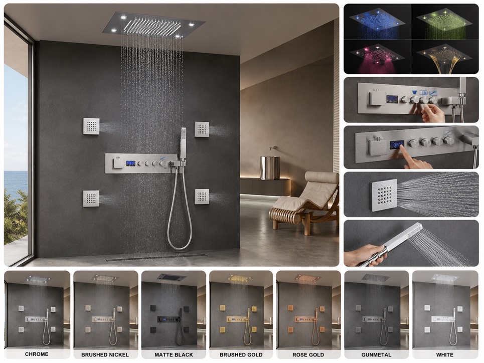 Rome Hospitality chrome recessed ceiling rainfall waterfall shower system with four body jets and hand shower
