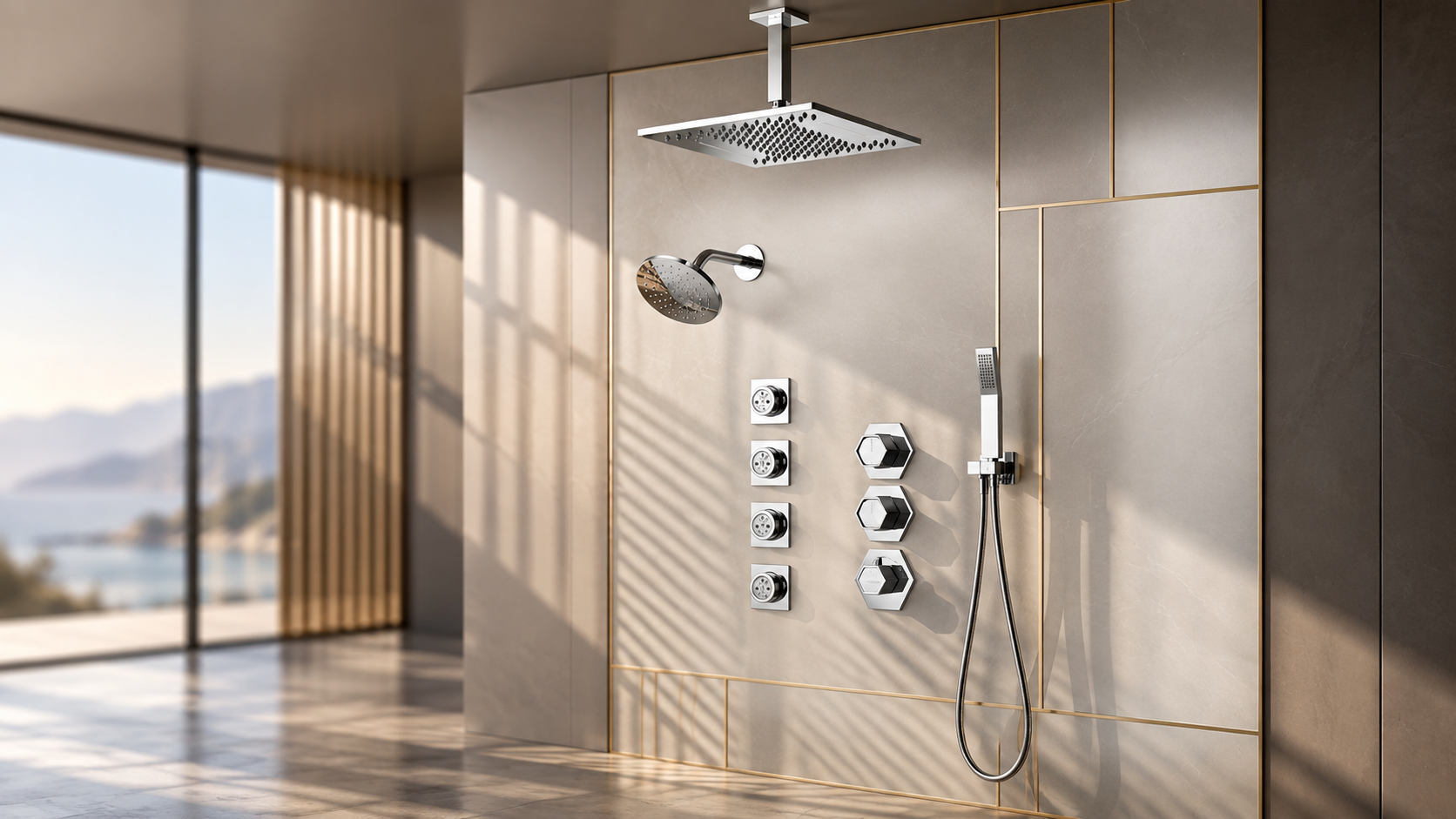 BathSelect Prismara chrome dual rainfall shower system with body sprays for spa and wellness bathrooms