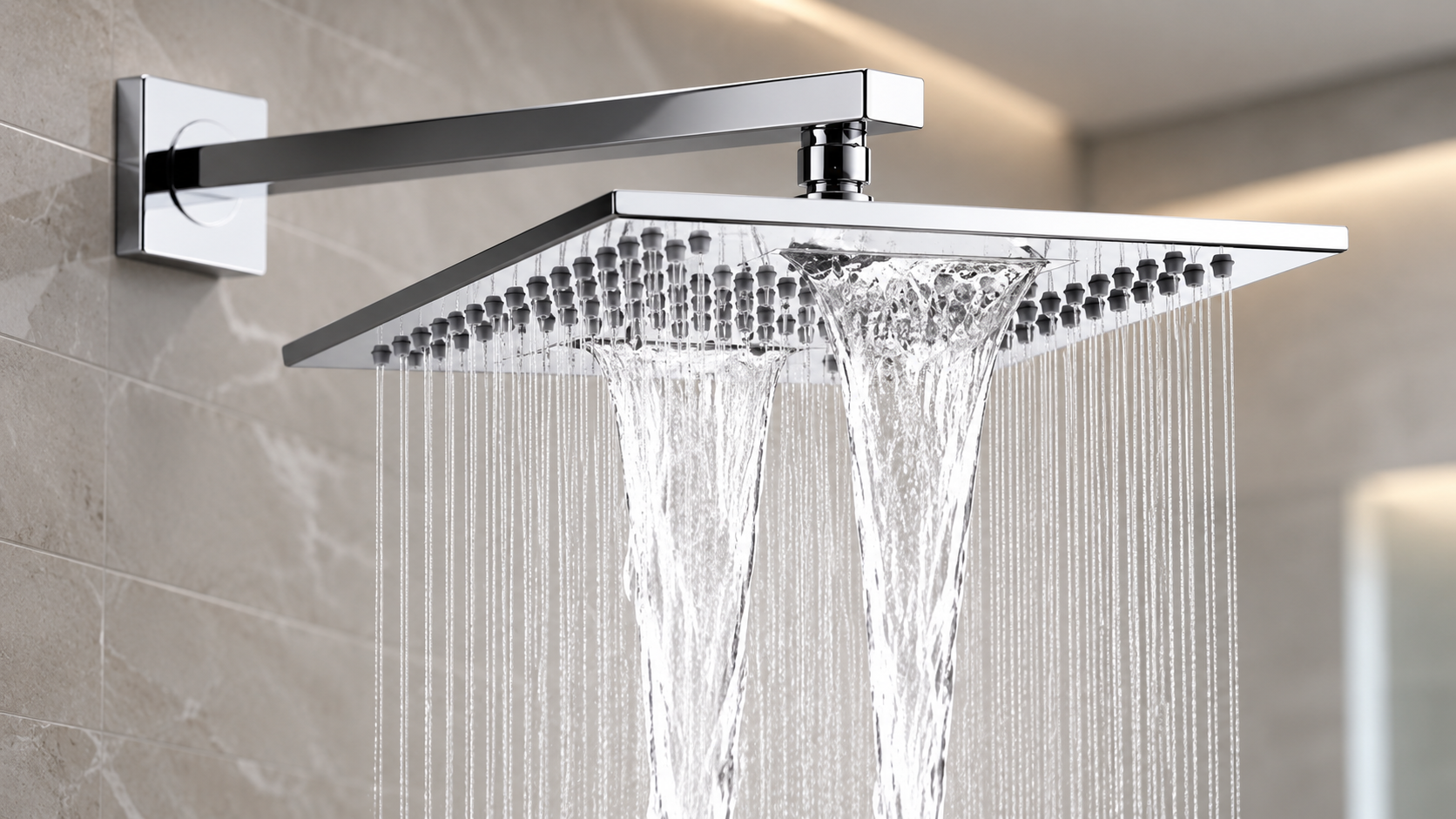 Luxury residential brushed nickel rainfall and waterfall shower installation
