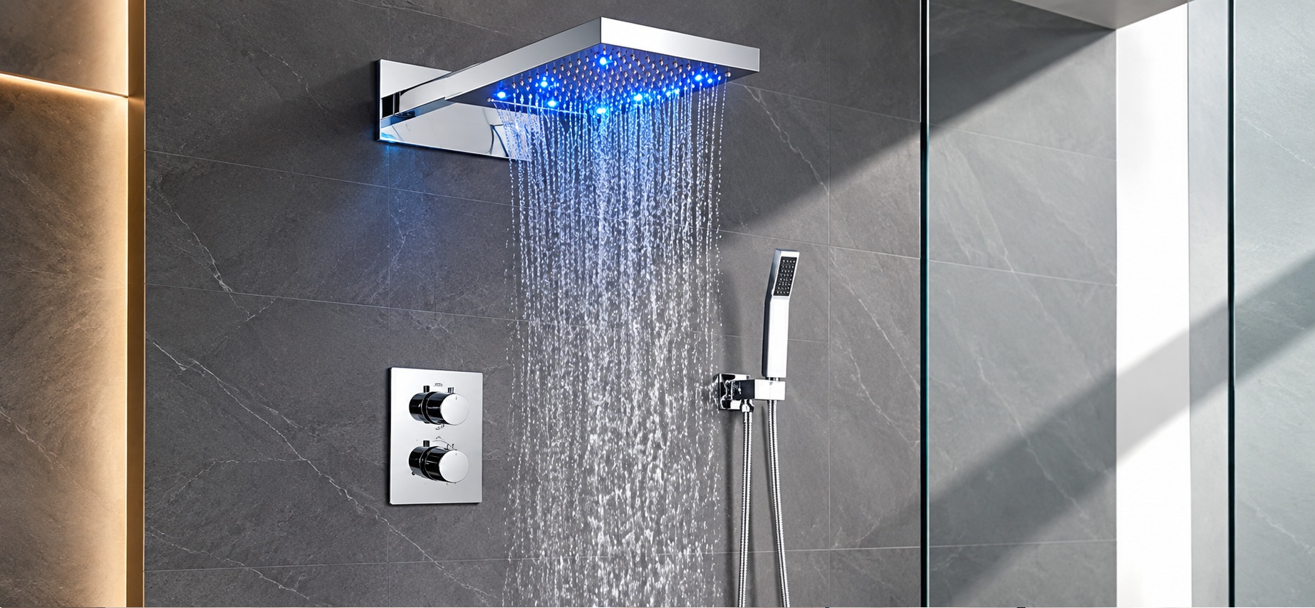 BathSelect LED shower systems in chrome finish