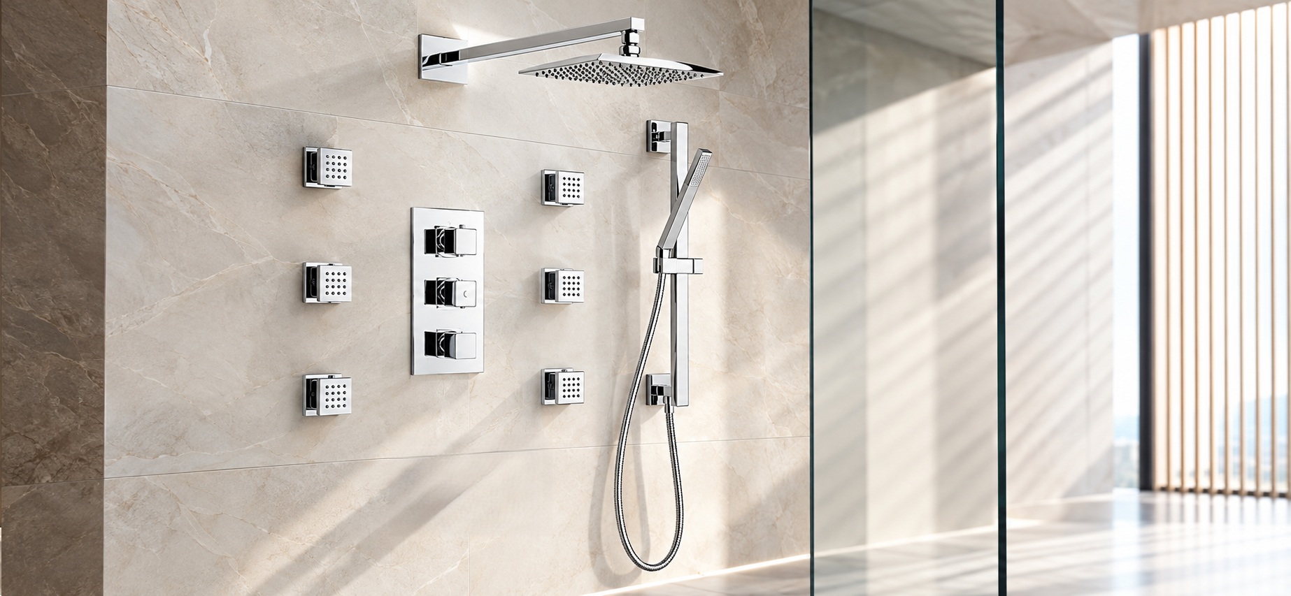 BathSelect chrome shower systems with sliding bar