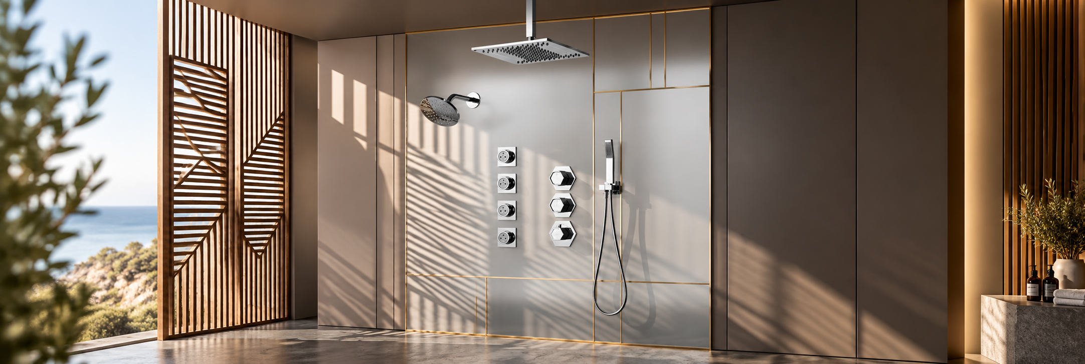BathSelect chrome LED shower systems with temperature-sensitive lighting