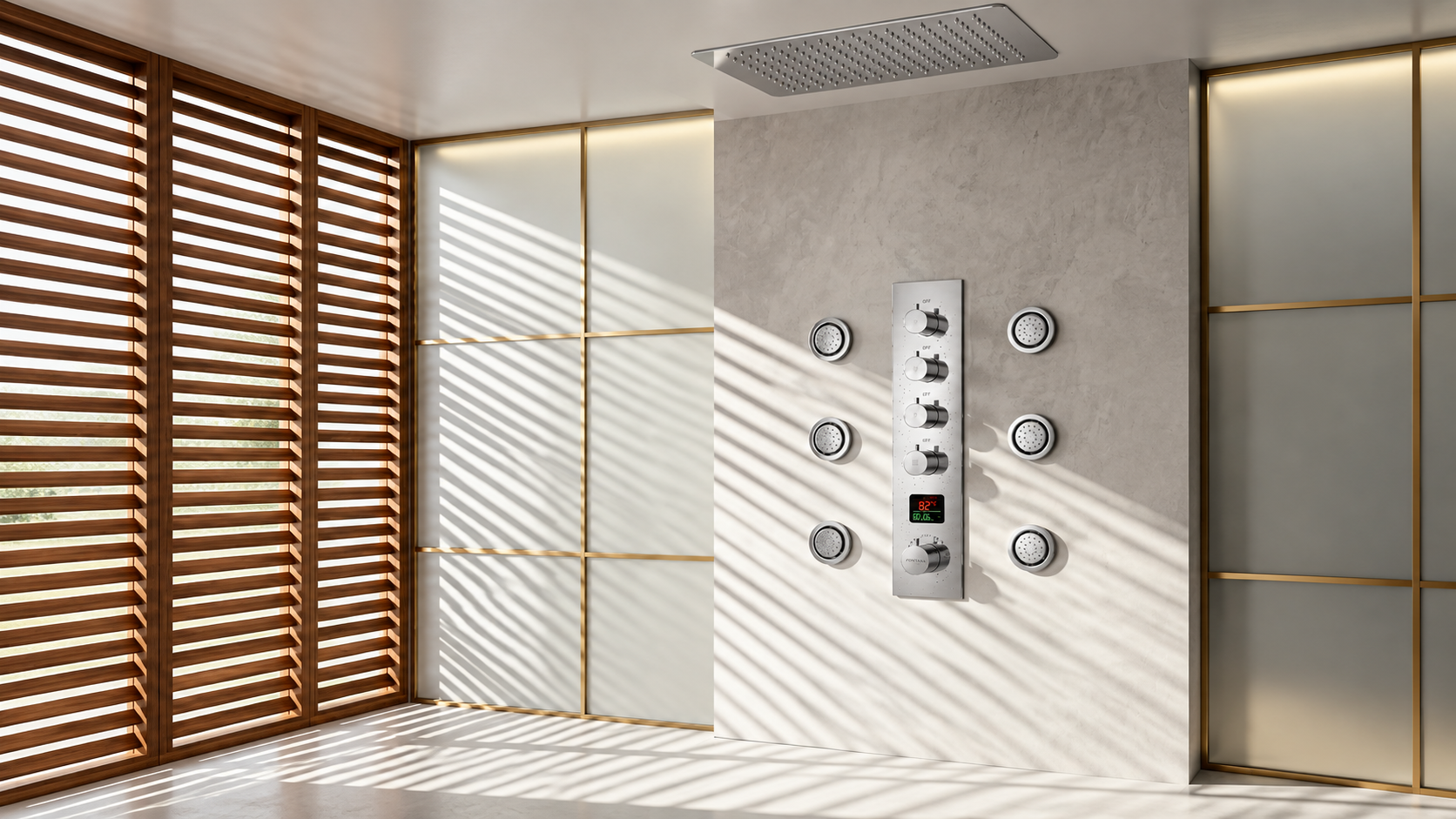 BathSelect polished chrome ceiling rainfall shower system with body jets and digital control for architect and developer projects