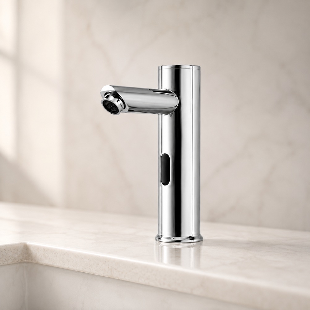 Solo Touchless Commercial Automatic Sensor Faucet in Chrome displayed on a clean bathroom countertop with a subtle minimalist background