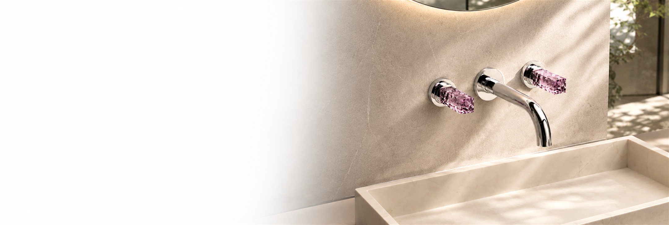 BathSelect Arden Mist Chrome wall-mounted dual handle bathroom faucet with purple crystal handles