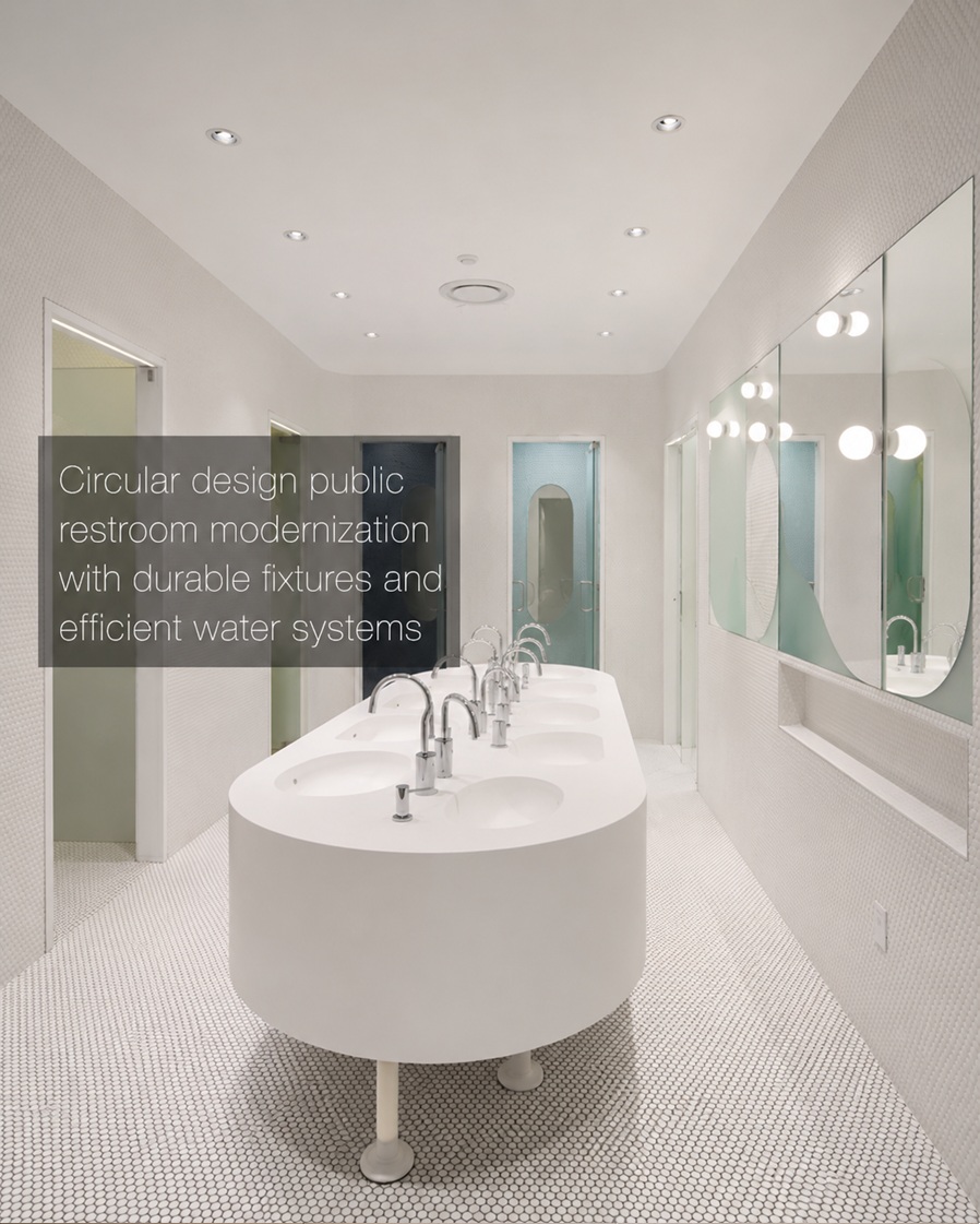 Circular design public restroom modernization with durable fixtures and efficient water systems