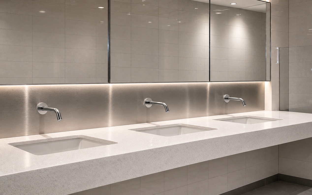 Modern commercial restroom vanity with three chrome wall-mounted faucets, rectangular sinks, illuminated mirrors, and a white quartz countertop