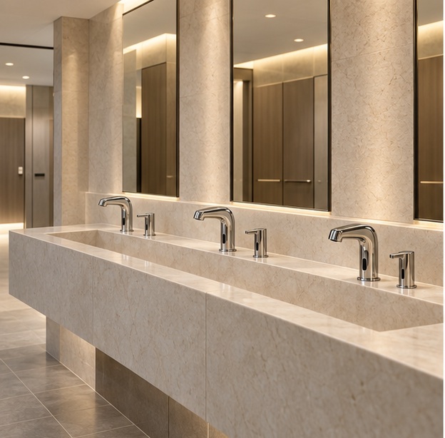 Illustration of touchless faucets and soap dispensers in a commercial washroom