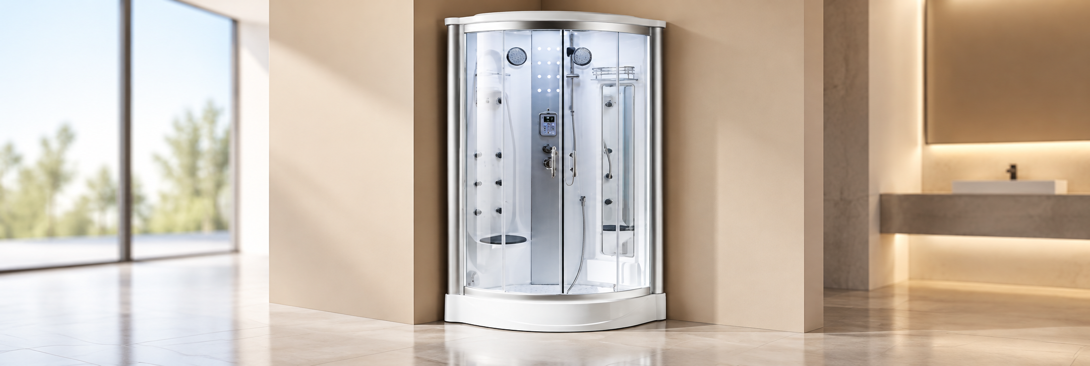 Compact residential sauna and steam spa installation concept