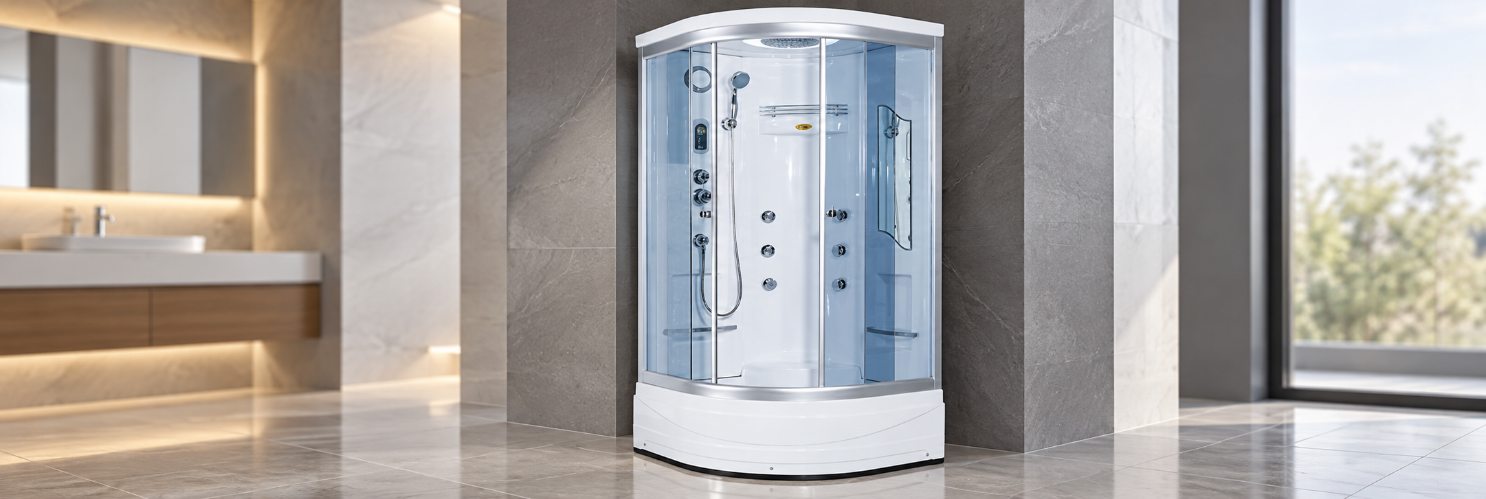 Jetted steam shower enclosure with adjustable body massage jets and overhead shower