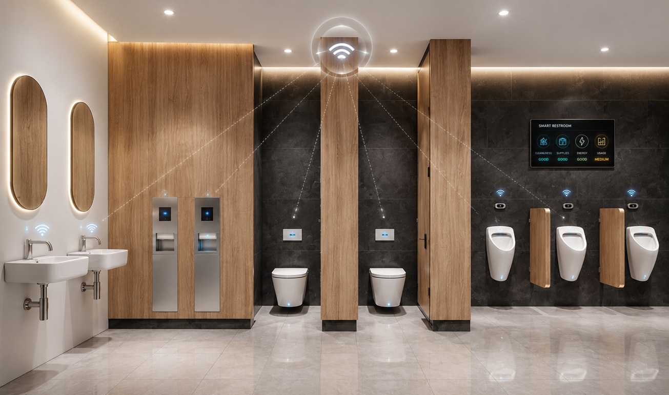 Smart infrastructure public restroom design with touchless fixtures and efficient water systems