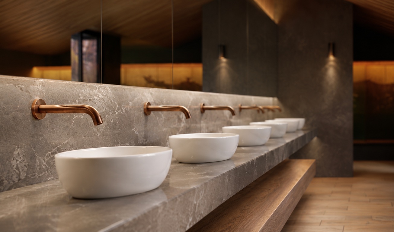 BathSelect commercial restroom product guidance with sensor faucets, soap dispensers, and specification support