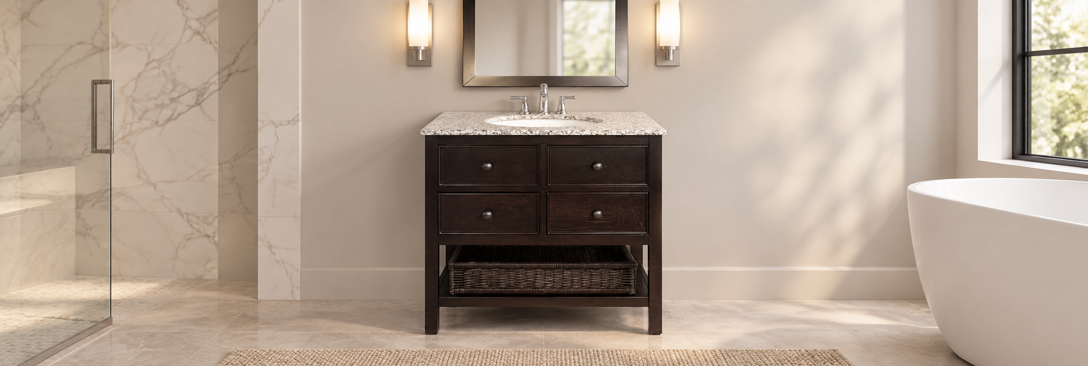 Modern bathroom vanity collection featuring integrated sinks, cabinetry and contemporary countertop designs