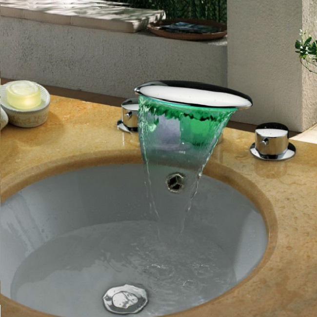 Deck Mount Chrome 2 Handles Waterfall Bathroom Sink Faucet Mixer Basin Taps