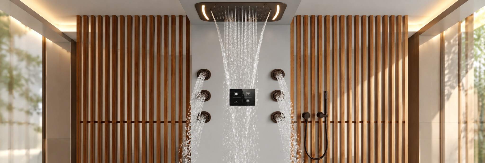 Matte black LED rainfall and waterfall shower system with six square body jets and handheld sprayer