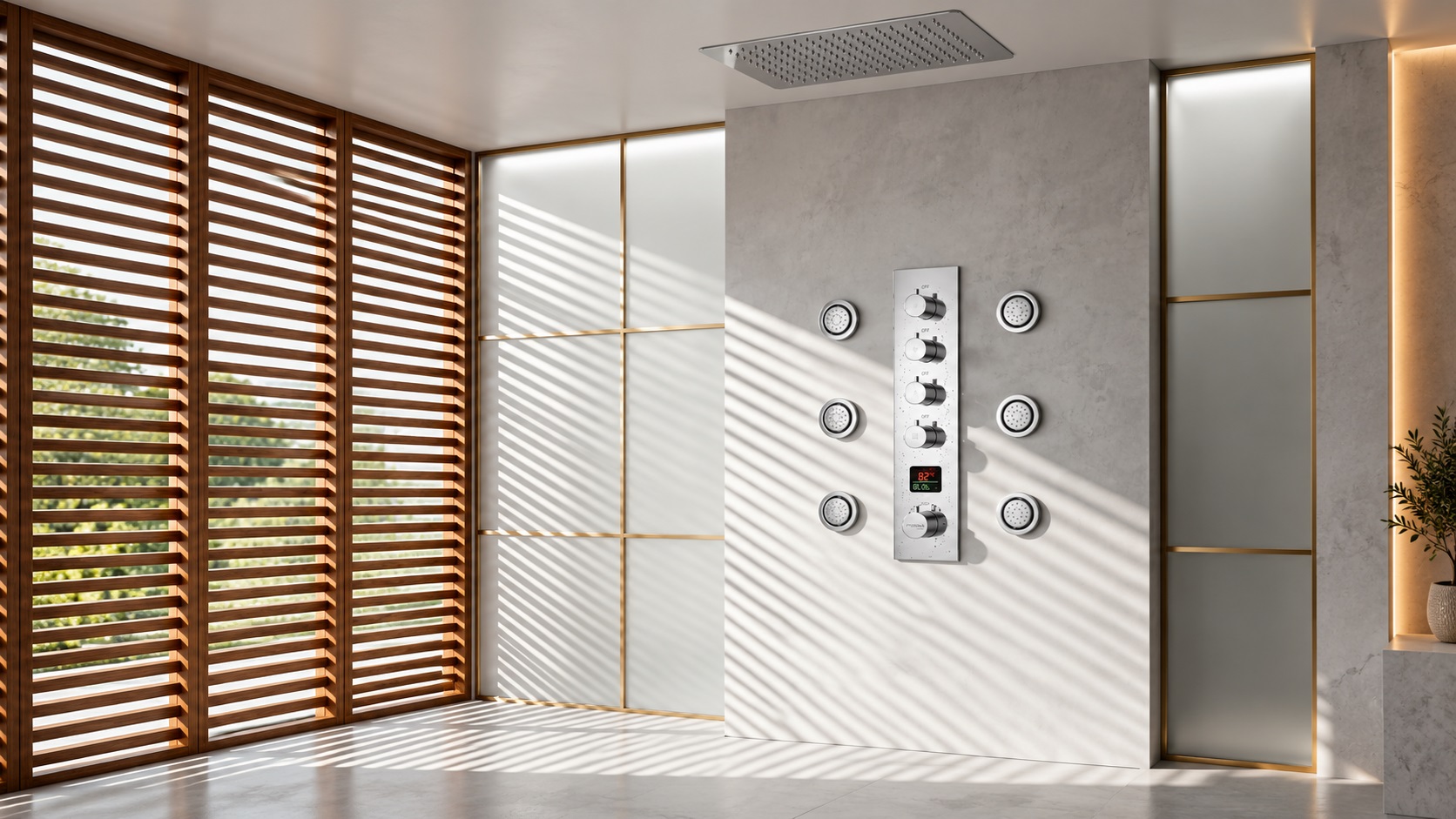 BathSelect polished chrome ceiling-mounted square rainfall shower system with six body jets and handheld sprayer