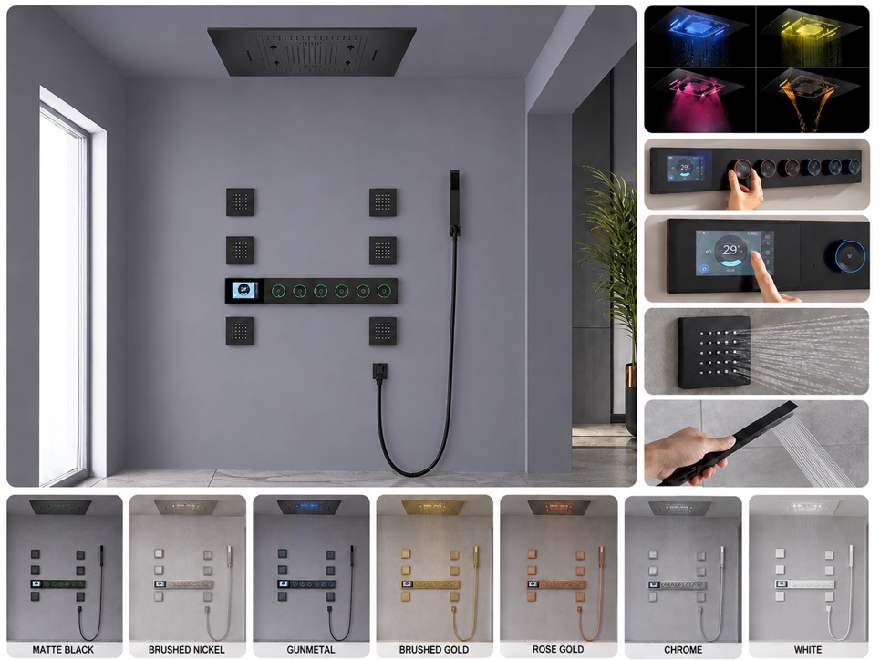 BathSelect Baza matte black thermostatic digital shower system with LED and music features