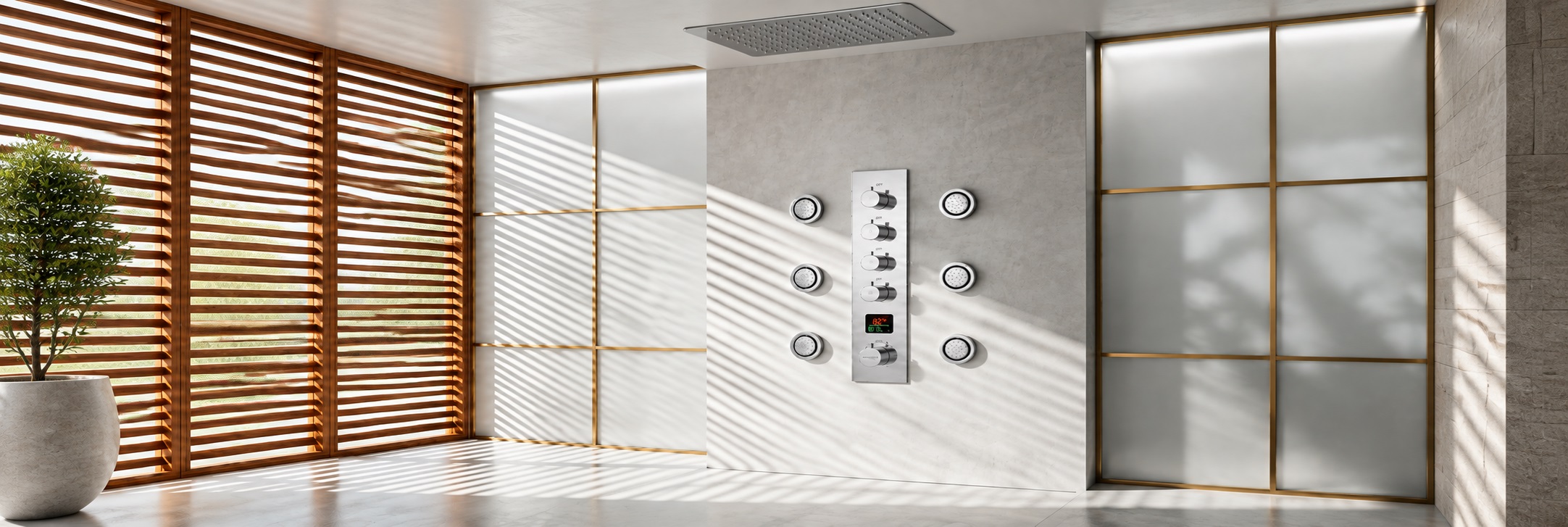 Polished chrome multi jet rainfall shower system with six body jets and handheld sprayer