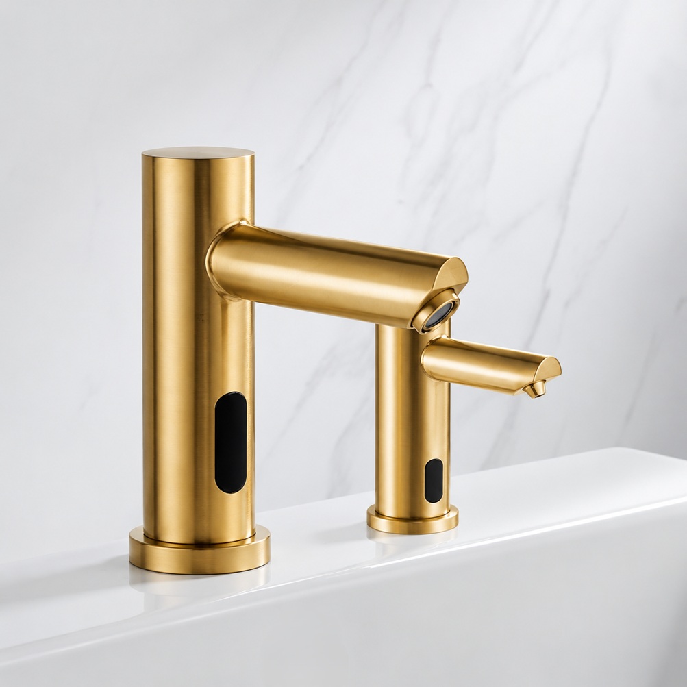Dual-height brushed gold touchless basin faucets with black sensor windows on a white sink