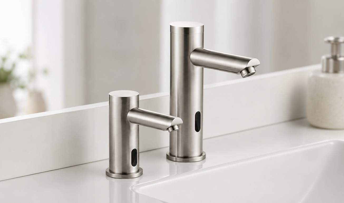 Dual-height brushed nickel touchless sensor faucets with black oval activation windows displayed on a glossy white bathroom vanity in a clean minimalist setting