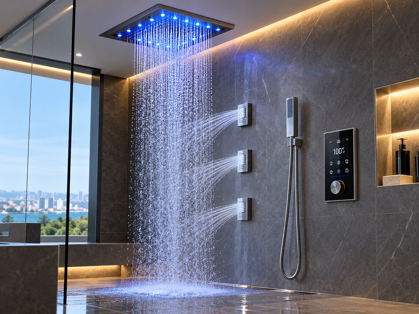 FontanaShowers digital smart shower system with rainfall shower, body jets, handheld shower, and digital control