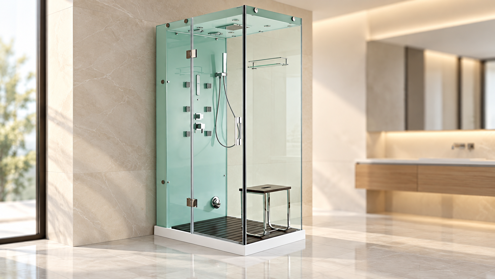 Compact glass-enclosed steam shower with hydro-massage functions for modern bathroom renovations