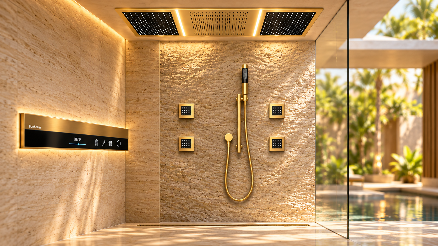 Gold LED ceiling rainfall shower with body massage jets in a tropical luxury guest suite