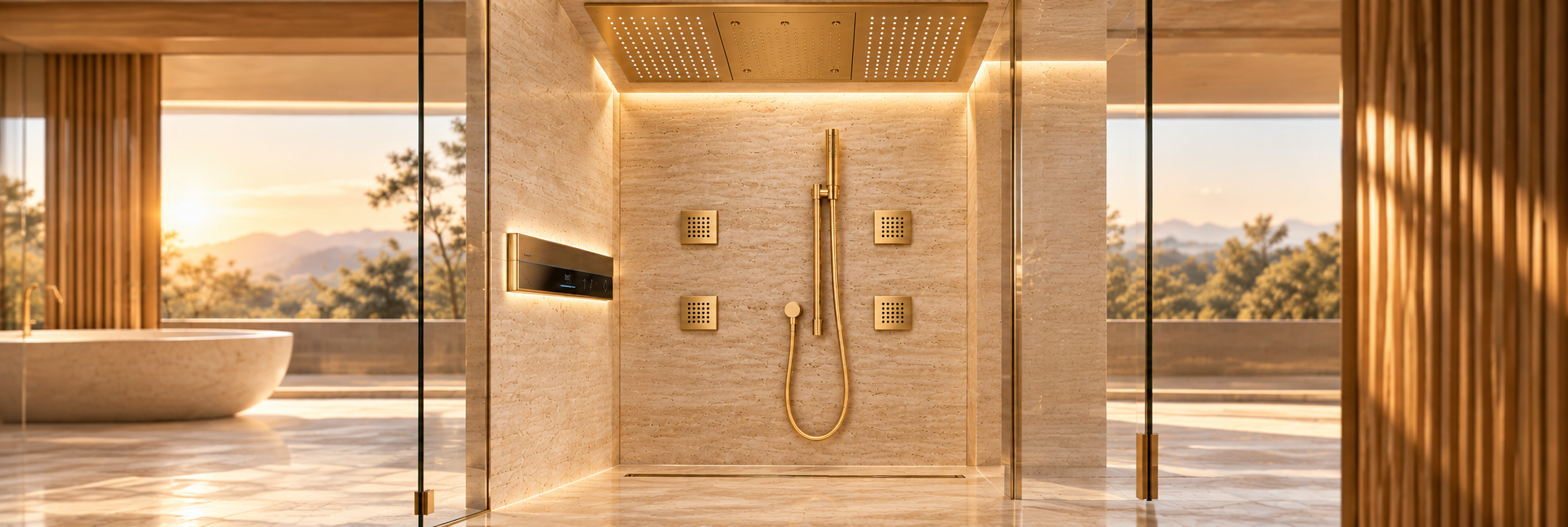 BRAVAT brushed gold shower system with rainfall head, body jets and handheld shower