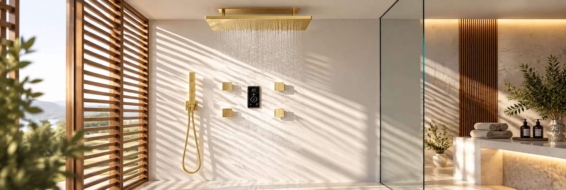 BathSelect brushed gold ceiling rainfall shower system with nine square body jets and slide bar handheld shower
