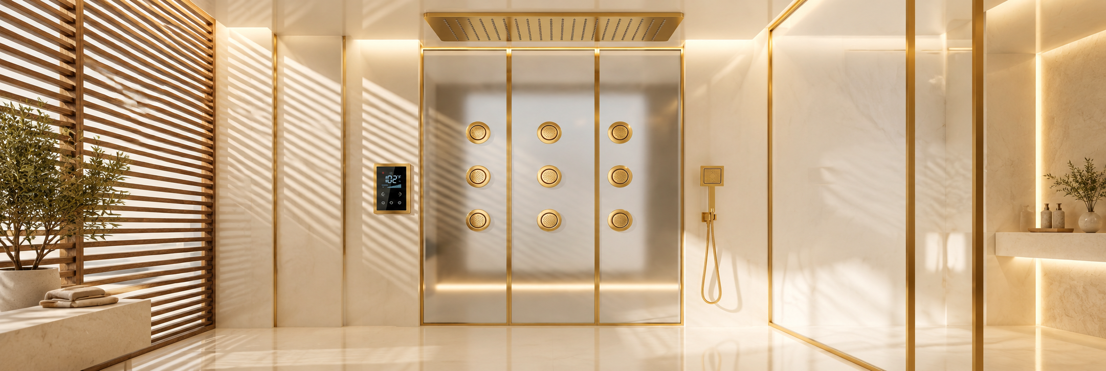 BathSelect brushed gold square ceiling rainfall shower system with nine round body jets and digital control