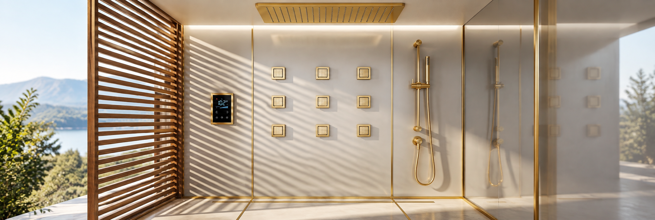 BathSelect brushed gold ceiling rainfall shower system with nine square body jets and slide bar handheld