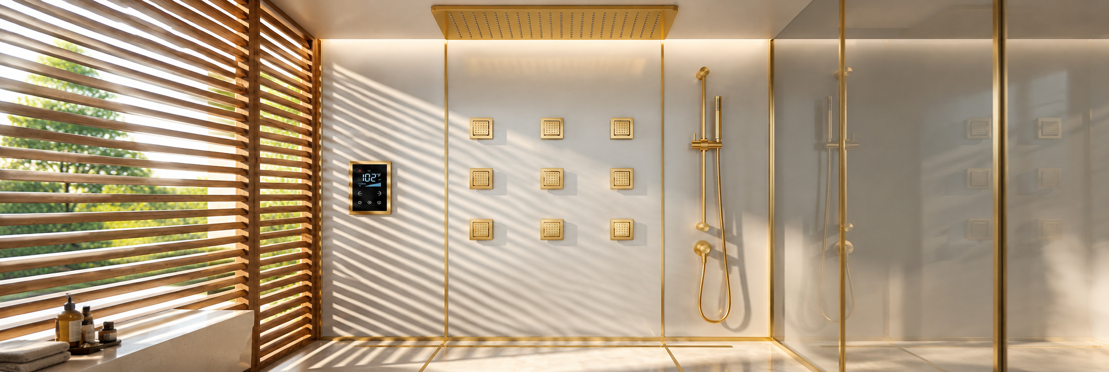 BathSelect brushed gold ceiling rainfall shower system with nine square body jets and slide-bar handheld