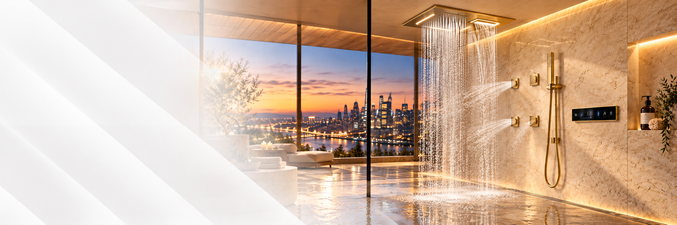 Gold rainfall and waterfall shower in a luxury penthouse bathroom overlooking the city skyline