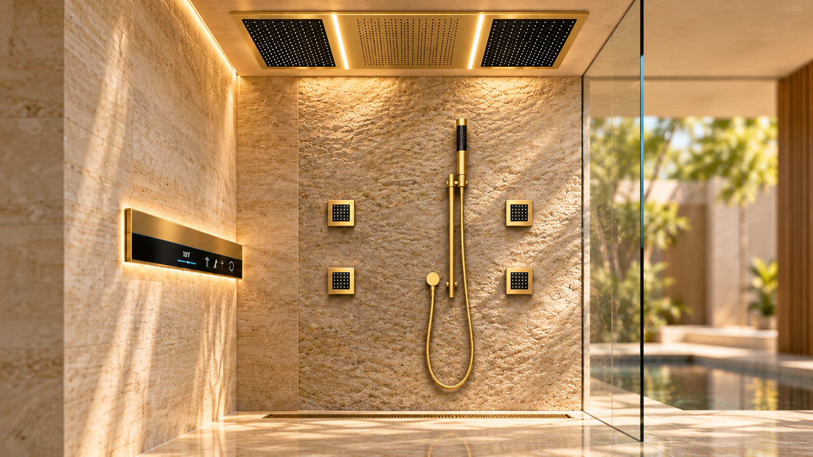 Gold rainfall and waterfall shower system in a luxury penthouse bathroom with city skyline view
