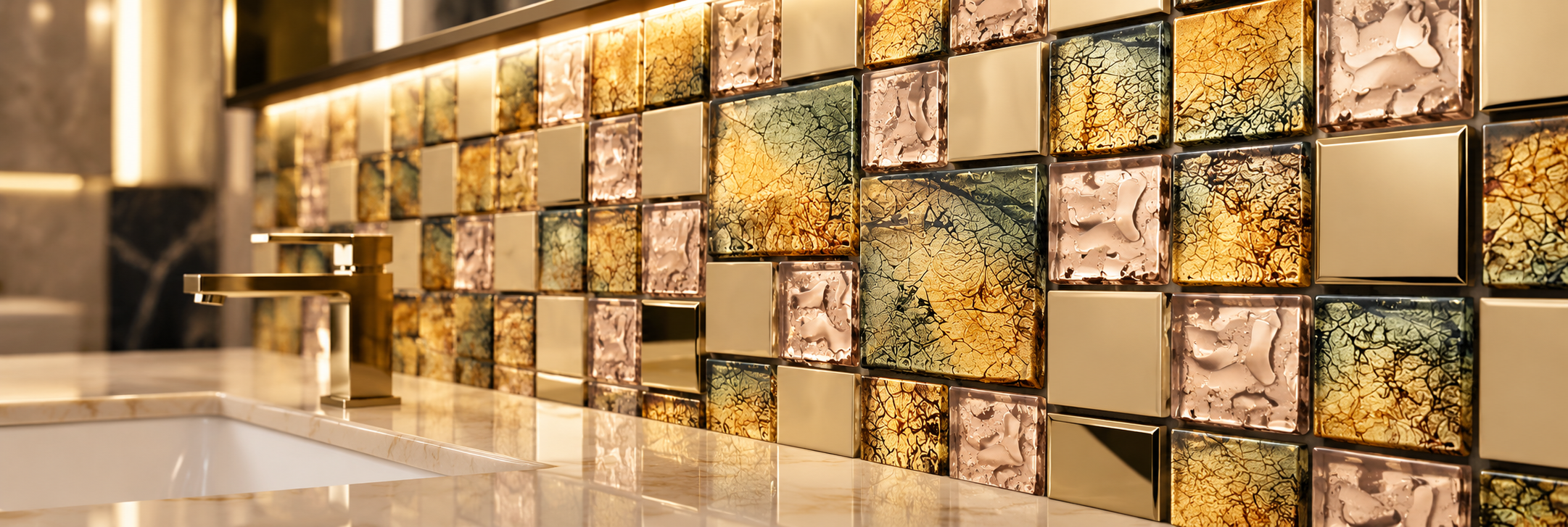 BathSelect gold tone foil glass mosaic tiles for luxury bathroom walls and backsplashes