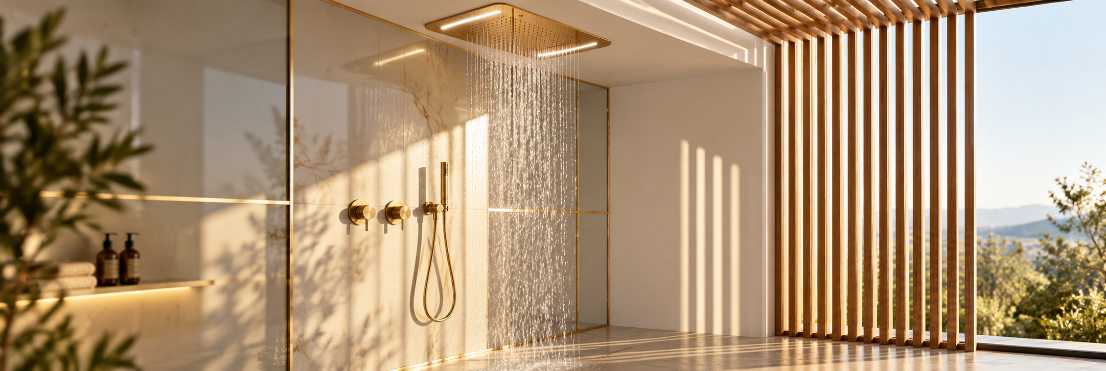 BathSelect Lumigold brushed gold LED ceiling rainfall shower panel with handheld shower