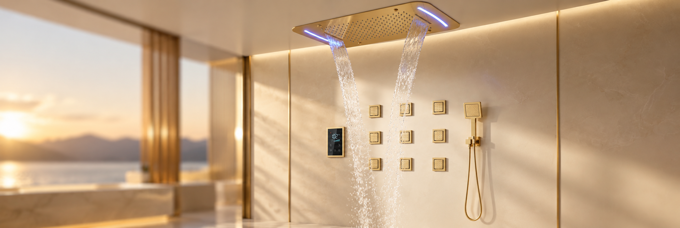 Brushed gold LED rainfall and waterfall shower system with body jets and handheld sprayer